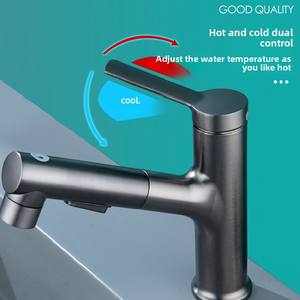 Keran Wastafel Tarik Turun Satu Lubang Modern Warna Abu-abu untuk Kamar Mandi, Terbuat dari Kuningan & Tembaga, Pegangan Tunggal, Laris Terjual - Product Image 3