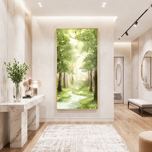 Peintures et décorations murales – Impression sur toile haute brillance Wabi Sabi, forêt verticale, cerf, ruisseau – Écologique, imperméable, cadre en aluminium - Product Image 1