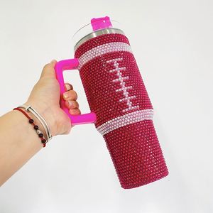 <b>Double</b> <b>Wall</b> 40Oz Print American Football Hot Pink Rhinestone Tumbler Coffee <b>Mug</b> With Handle Gift for Rugby Lover - Product Image 4