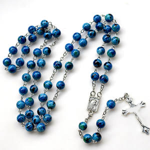 Rosario de Cristal Azul Católico con Cuentas de Cristal, Chapado en Rodio, Cruz de Jesús, María, para Mujer, Imitación - Product Image 2