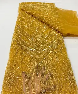 LS386金色亮片珠饰管刺绣蕾丝面料网纱婚纱派对礼服面料