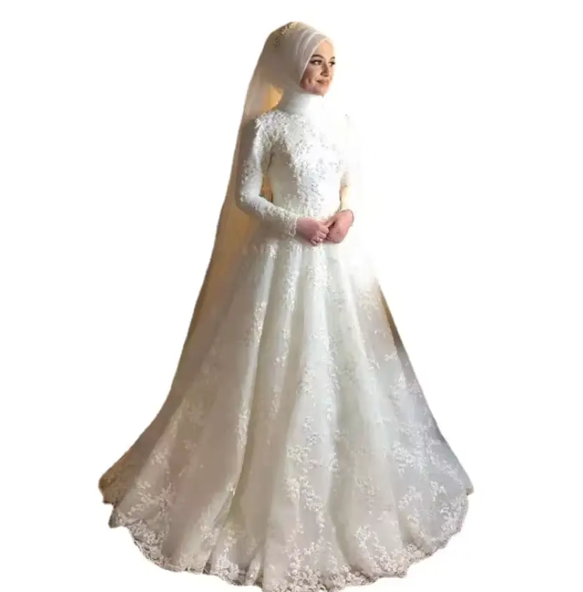 Moslim Trouwjurk 2024 Nieuwe Bruids Bruiloft Lange Mouwen Witte Waardige Sfeer Trouwjurk