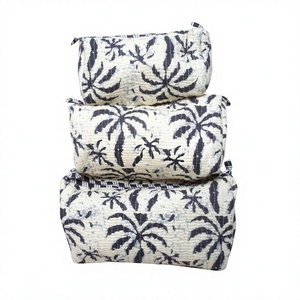 New Stylish 3 Piece palm tree print Quilted Fabric Toiletry 3 Pouch Set Durable Travel Organizer Cosmetic Bags <b>Cases</b> for womens - Product Image 1
