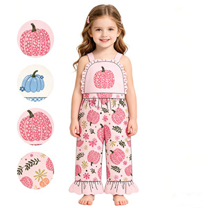 Combinaison-pantalon longue à volants pour enfants, motif floral d'automne, style décontracté, vente en gros, vêtements assortis pour sœurs - Product Image 1