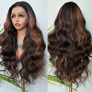 Perruque élégante en fibre synthétique mélangée à dentelle transparente, ondulée, avec mèches ombrées en <span class=keywords><strong>cuivre</strong></span>, 13*6, ombrée 1B/30, noir brun - Product Image 3