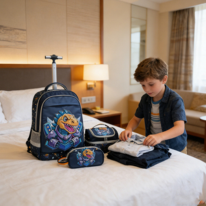 Sac à dos à roulettes personnalisé pour garçons, motif dinosaure bleu, ensemble de 3 pièces, grands sacs à roulettes pour étudiants, sac à dos scolaire pour enfants 18 pouces - Product Image 4