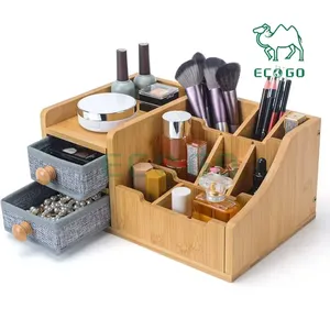 Organizador rectangular moderno de bambú natural para oficina y cosméticos con dos cajones-Idea de regalo única - Product Image 1