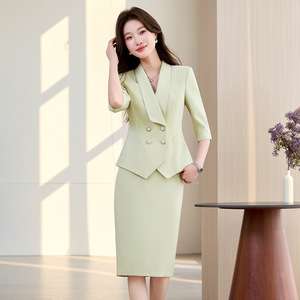 Women's 3/4 Sleeve Suit Set Pink Midi Skirt Slim Fit Professional Workwear Commuter Wear Anti-Wrinkle Worsted Fabric - Product Image 4