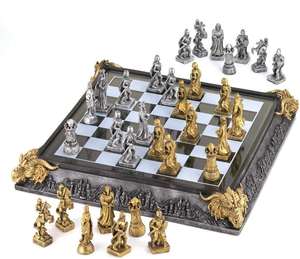 Medieval Times Knight Pewter Metal Chess Set Antique Finish W 17 Castle  Board