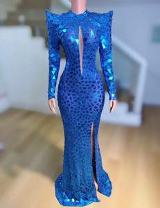 Vocal Concert Performances Sparkly Sequin Long Sleeve Maxi Dress Mirror  Sequins Royal Blue Evening Dresses for Women