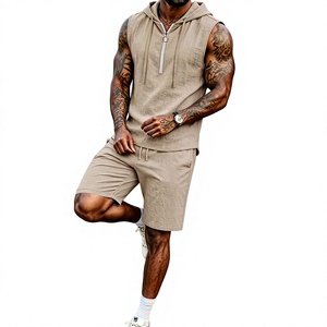 Men's Olive Green Sleeveless Hooded Tank Top Set Knitted Cotton Solid Digital Printed Casual Breathable Summer Wear - Product Image 4