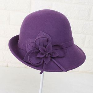 Women Elegant Autumn Winter Wool Felt Cloche <b>Hat</b> Casual Fashion Wool Felt Bucket <b>Hat</b> with Floral Accent - Product Image 4