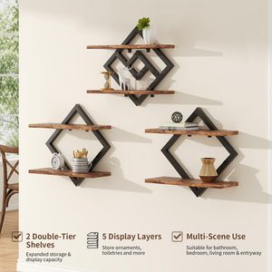 Étagères murales en bois minimalistes SENYU avec cadre métallique, design polygonal à double niveau pour le rangement dans le salon - Product Image 5
