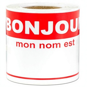 Étiquettes nominatives françaises (4x2,3 pouces, rouleau de 100 étiquettes rouges) - Bonjour, mon nom est [Nom] - Autocollants adhésifs en papier pour événements, réunions, rencontres et salutations - Product Image 1