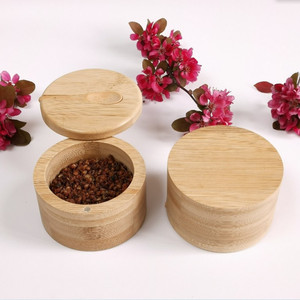 Bamboo and wood salt box with spoon, kitchen <b>spice</b> <b>jar</b>, magnetic rotating lid, solid wood seasoning box, household seasoning - Product Image 3