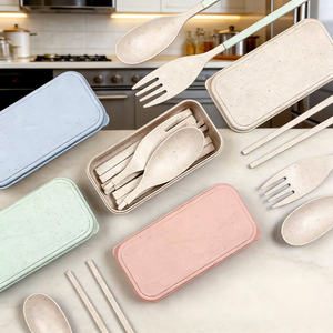 Ensemble de couverts écologiques en paille de blé, boîte de rangement portable pour couverts de voyage, cuillère, fourchette, couteau réutilisables, étui de rangement pour étudiants - Product Image 3