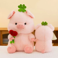 Peluche Cochon Rose Trèfle, Cochon Assis en Peluche avec Rose Rouge, Cochon Trèfle à Quatre Feuilles Porte-Bonheur, Cadeau pour Enfants, Décoration de Canapé et Maison