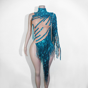 Justaucorps sirène <span class=keywords><strong>Aqua</strong></span> Glamour turquoise à sequins et franges découpées pour la danse de salon, la danse latine, la samba, les spectacles sur scène et les divas - Product Image 1