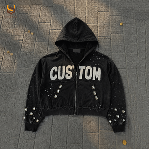 Custom Y2K Acid Wash Rhinestone Gem Applique Patch Men Hoodie OEM Cropped Boxy Heavyweight Distressed <b>Zip</b> Up Hoodie - Product Image 2
