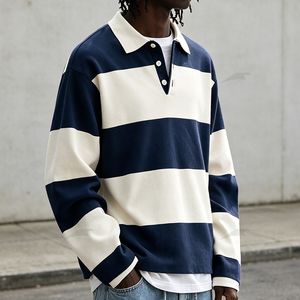 <span class=keywords><strong>Polo</strong></span> da Rugby Oversize con Colletto Ricamato Personalizzato, Camicia Termica a Maniche Lunghe in <span class=keywords><strong>Cotone</strong></span> <span class=keywords><strong>100</strong></span>% Premium a Righe per Uomo - Product Image 2