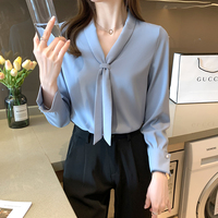 Chemisier en Chiffon à Manches Longues pour Femme, Blouse Tendance 2026 avec Nœud et Col en V, Hauts de Bureau Élégants pour Femme 8306 #