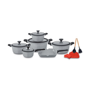 UCC Life16 Batterie de cuisine 16 pièces <span class=keywords><strong>en</strong></span> aluminium avec revêtement antiadhésif effet granit, compatible lave-vaisselle, avec marmite à soupe et ustensiles de cuisson <span class=keywords><strong>en</strong></span> <span class=keywords><strong>pierre</strong></span> de Maifan marbrée - Product Image 2