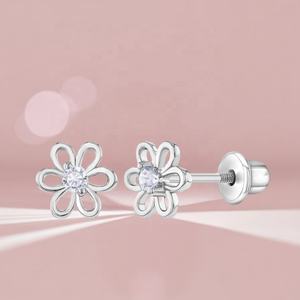 Children Jewelry 925 Sterling Silver CZ Flower <strong>Earrings</strong> 7mm Design Hypoallergenic Screw <strong>Back</strong> Lightweight <strong>Safety</strong> Fine Studs - Product Image 2