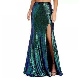 Custom Ladies High Waist Hidden Back Zipper Seamless High Side <b>Slit</b> Green Sequin <b>Maxi</b> <b>Skirt</b> - Product Image 1