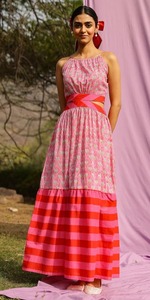 Pink Boho Maxi <b>Dress</b> With Cut-Outs And Striped Hem Halter Neckline <b>Elastic</b> Waist Summer Party Wear Woven Fabric - Product Image 3