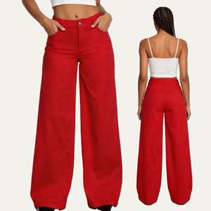 Jean évasé rouge en denim pour <span class=keywords><strong>femme</strong></span>, taille haute, coupe cloche, style rétro streetwear, <span class=keywords><strong>pantalon</strong></span> décontracté à jambe large, tenue pour <span class=keywords><strong>femme</strong></span> - Product Image 1
