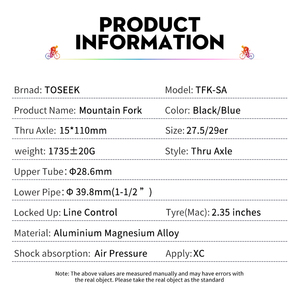 Fourche avant à suspension en alliage d'aluminium TOSEEK 29 pouces, frein à disque, fourche à suspension 120 mm, <span class=keywords><strong>axe</strong></span> <span class=keywords><strong>traversant</strong></span> 15*110 mm, accessoires de vélo - Product Image 6