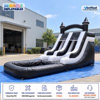 Toboggan aquatique gonflable commercial noir et blanc avec piscine, toboggan château double piste en PVC pour location événementielle