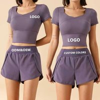 Ensemble de yoga 2 pièces pour femme, haut court à col en V et manches courtes, short de course taille mi-haute à séchage rapide, tenue de sport et fitness