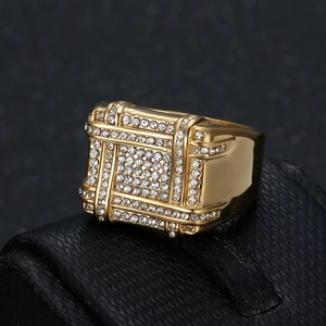 メンズステンレスリング、フルチェッカーデザイン、金メッキジルコン宝石付き、トレンディな結婚・婚約ギフトに最適 - Product Image 4