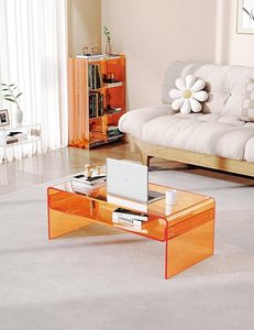 Meja Kopi Akrilik Oranye dengan Rak Penyimpanan Terbuka Organizer Lucite Persegi Panjang Transparan untuk Rak Pajangan Ruang Tamu - Product Image 5