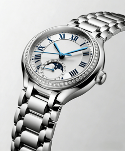 Montre pour femme en acier inoxydable avec cadran blanc à chiffres romains, phase de lune et lunette sertie de diamants Longinesing - Product Image 4