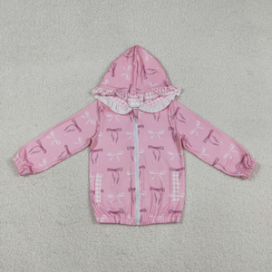 Veste à capuche à manches longues pour bébés filles, avec nœuds, motifs à carreaux, bords festonnés et poches zippées - Product Image 3