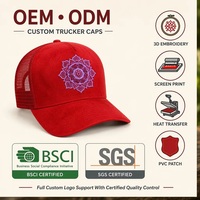 Gorra Trucker de Gamuza Roja con Logotipo Personalizado OEM ODM, Bordado Mandala, Visera Curva, Malla, Cierre a Presión, Venta al por Mayor de Fábrica, MOQ Bajo, DDP