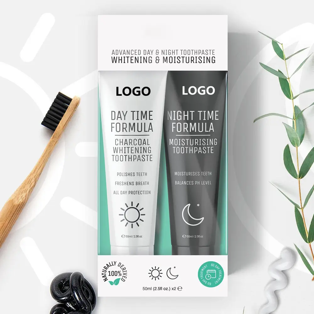 Logotipo privado muestras gratis de pasta blanca y el carbón activado, día y noche, pasta de dientes conjunto