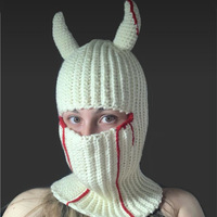 FF708 Masque intégral tricoté avec cornes amusantes, pour Halloween, fête, cosplay, chapeau, masque de ski chaud d'hiver, cyclisme, homme femme, cagoule tricotée