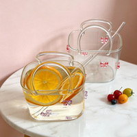 Verre en forme de sac à main avec poignée transparente, décor nœud rose 3D et paille en verre assortie – Vaisselle esthétique mignonne