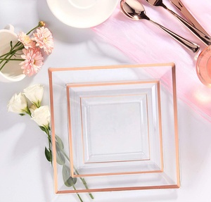 Assiettes à dîner de mariage jetables en plastique à bordure carrée blanche et or Rose, ensembles de fête en plastique argenté ensembles de couverts - Product Image 4