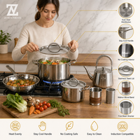Batterie de cuisine Zhenneng 12 pièces en acier inoxydable 304 avec casserole, poêle, casserole à lait, bouilloire et tasses pour cuisinière à gaz et à induction
