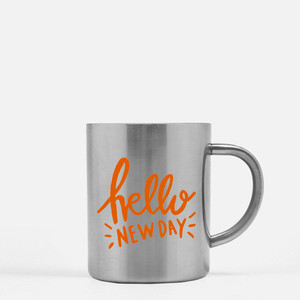 Tazza con scritta a mano 'Hello New Day' e 'Fu' in oro e argento - Product Image 1