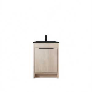 Mueble de Baño Independiente de 24 Pulgadas con Acabado en Roble Claro, Lavabo de Cerámica Negro, Puertas con Cierre Suave, Diseño Moderno y Contemporáneo - Product Image 1