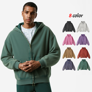 사용자 정의 하이 퀄리티 스트리트웨어 후디 빈 집업 빈티지 더블 레이어 산성 워시 태양 퇴색 고민 포켓 후드 - Product Image 1