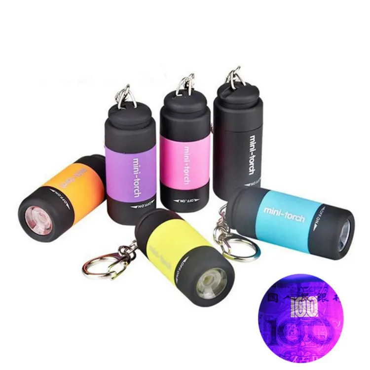 Mini Uv Led Senter Gantungan Kunci Kecil Cahaya Obor 395nm Lampu Uv untuk Deteksi Uang Lampu Jari Berkemah Lampu Carabiner