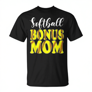 T-shirt Softball Bonus Mom con testo giallo, girocollo nero, taglia unisex per adulti - Product Image 2