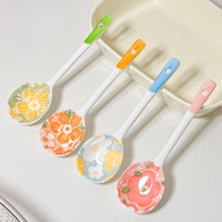 Sendok Sup Keramik Gagang Panjang Four Seasons Motif Bunga Warna Underglaze Desain Jepang/Minimalis Peralatan Makan Berkualitas Tinggi