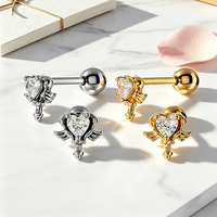 Boucles d'oreilles clous en acier chirurgical 316L en forme de cœur aile d'ange, ton or et argent, à visser, étanches, pour piercing hélix et tragus